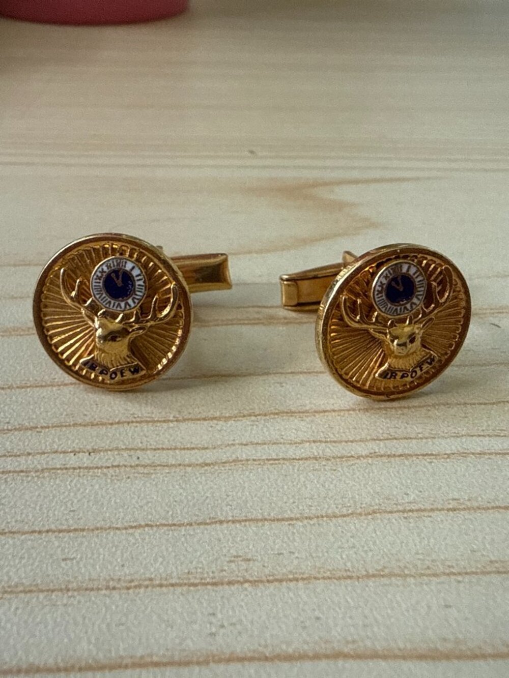 Vintage BPOE Elks Lodge Gold Tone Round Cuff Links Blue Enamel Crest & Elk Head